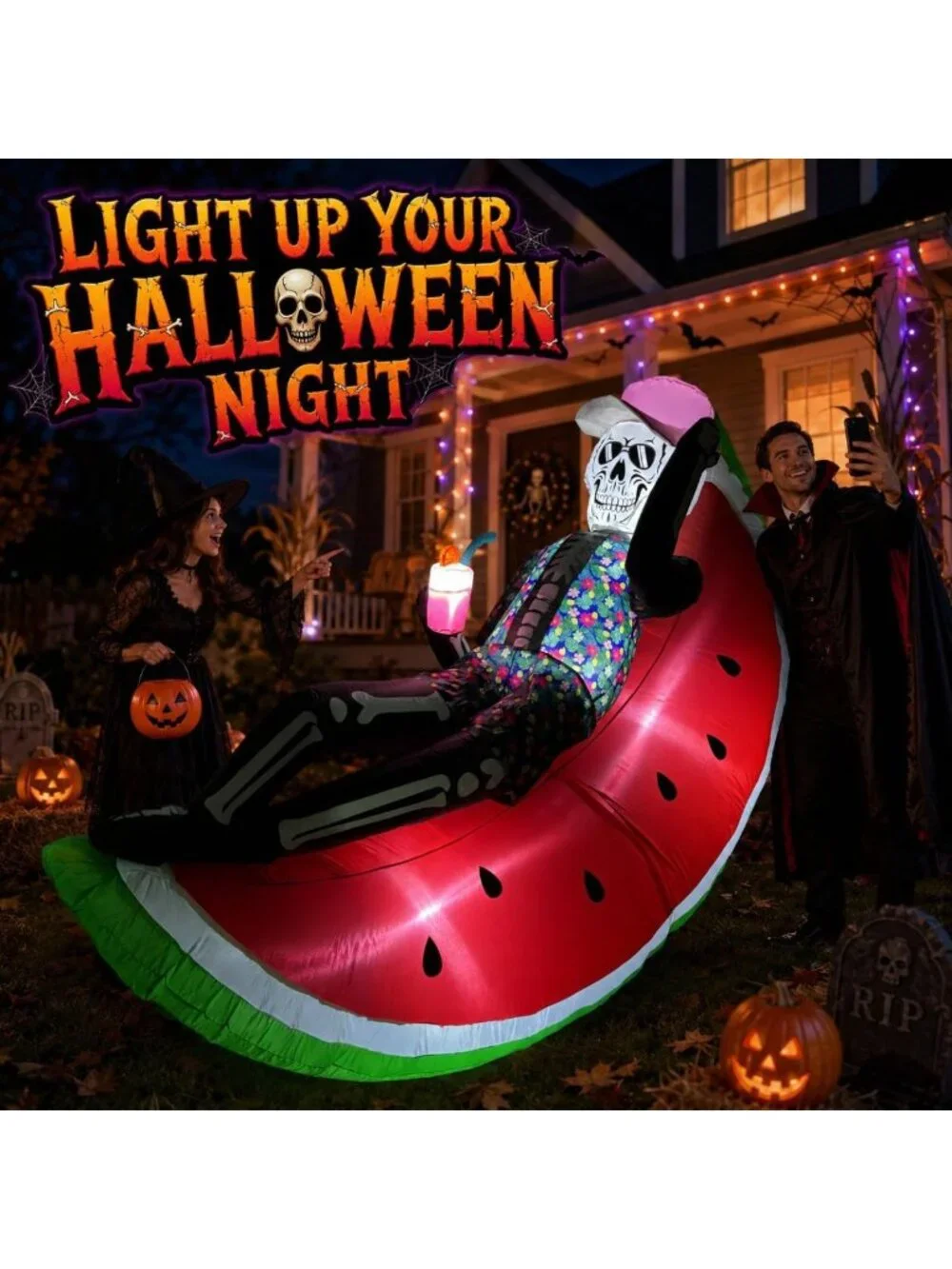 6.9FT Inflatable Skeleton on Watermelon, LED Halloween Yard Decor, Blow Up